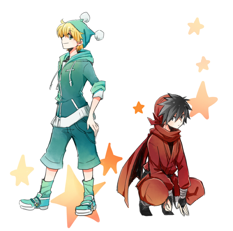 2boys, aqua_hat, aqua_jacket, aqua_shorts, bandana, black_hair, blonde_hair, commentary_request