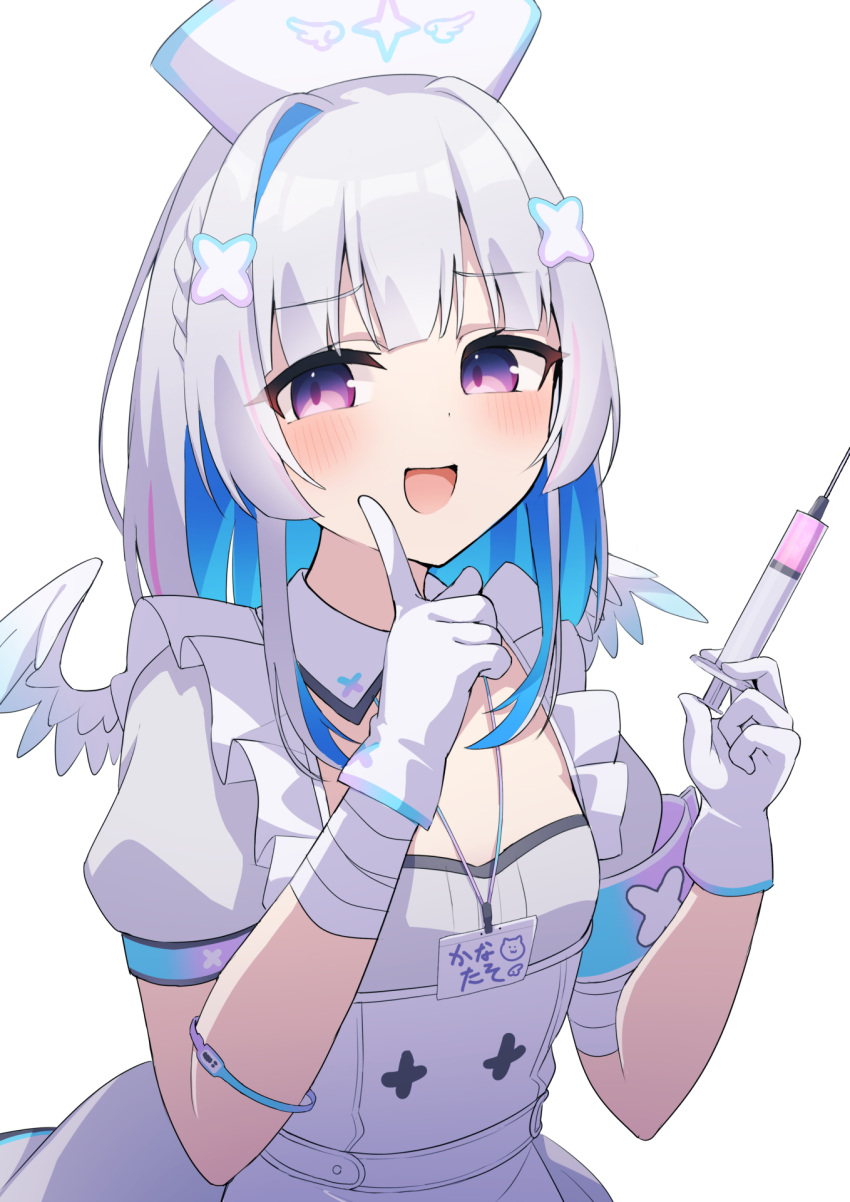 1girl, amane_kanata, amane_kanata_(nurse), angel, angel_wings, bandaged_arm, bandages, blue_hair