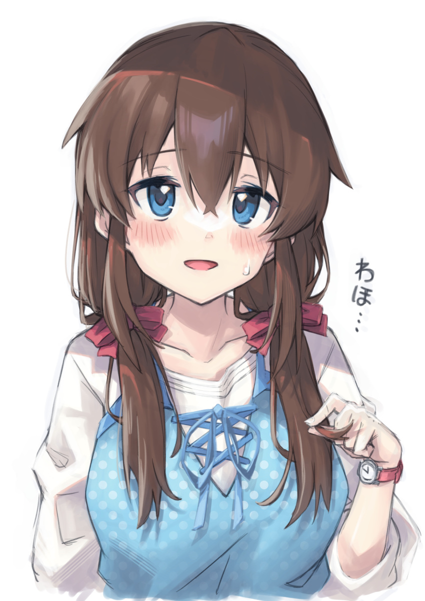 1girl, absurdres, blue_dress, blue_eyes, blush, brown_hair, cropped_torso, cross-laced_clothes