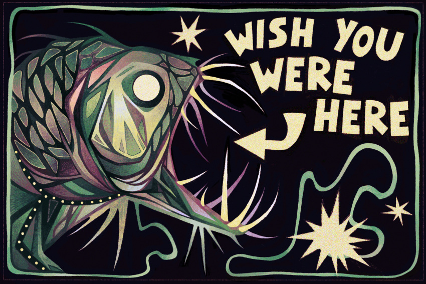 animal, animal_focus, arrow_(symbol), bioluminescence, black_background, border, commentary, english_commentary, english_text, film_grain, fish, glowing, glowing_eyes, hatching_(texture), highres, horror_(theme), limited_palette, lure, muted_color, no_humans, open_mouth, original, purple_border, quezify, sharp_teeth, simple_background, solid_circle_eyes, spines, star_(symbol), teeth, triadic_colors, underwater, viperfish, white_eyes