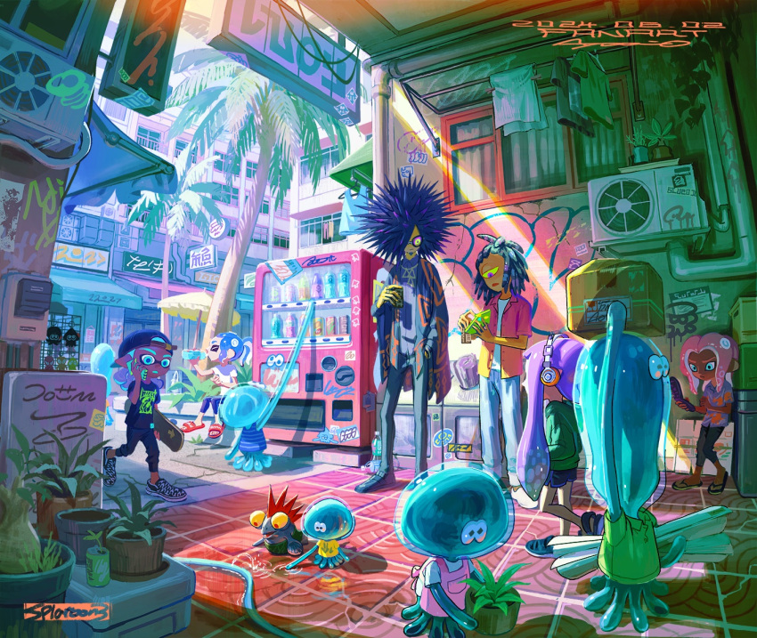 3boys, 3girls, ayumi_(830890), black-framed_eyewear, black_footwear, black_pants, black_shorts, blue_eyes