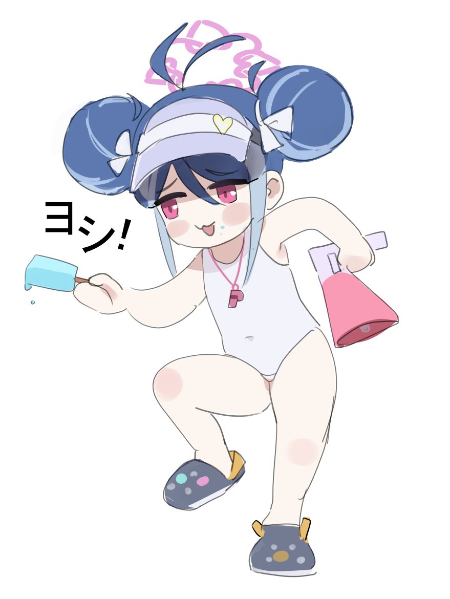 1girl, ahoge, blue_archive, blue_hair, crocs, double_bun, food, fubuki_(swimsuit)_(blue_archive)