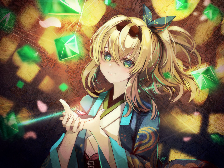 1girl, alternate_costume, black_hairband, blonde_hair, blue_haori, closed_mouth, commentary_request, crossed_bangs