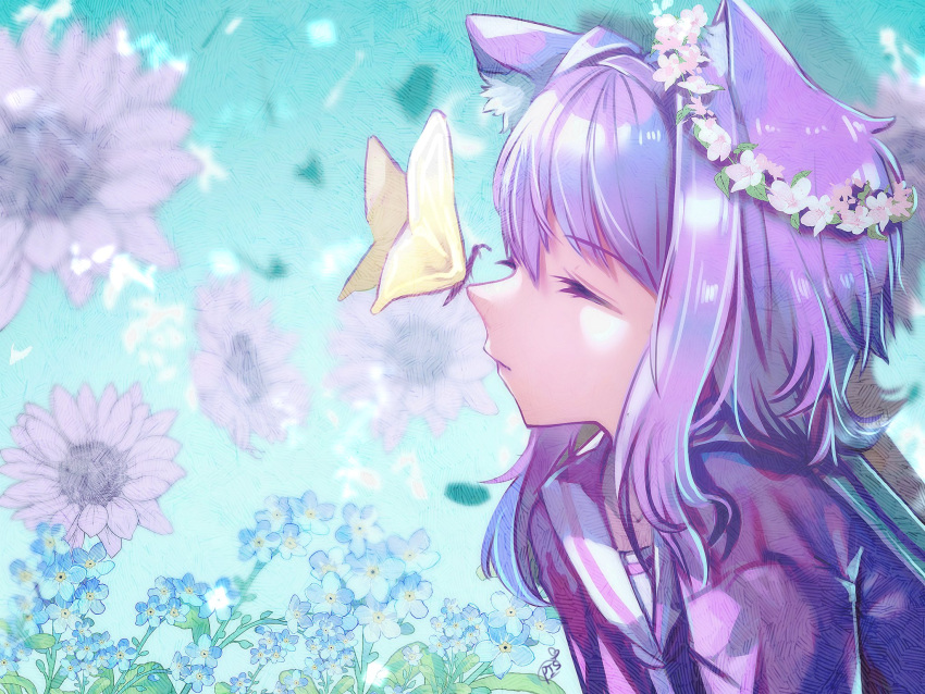 1girl, animal_ear_fluff, black_shirt, butterfly_on_face, cat_girl, closed_eyes, commentary_request, flower_wreath