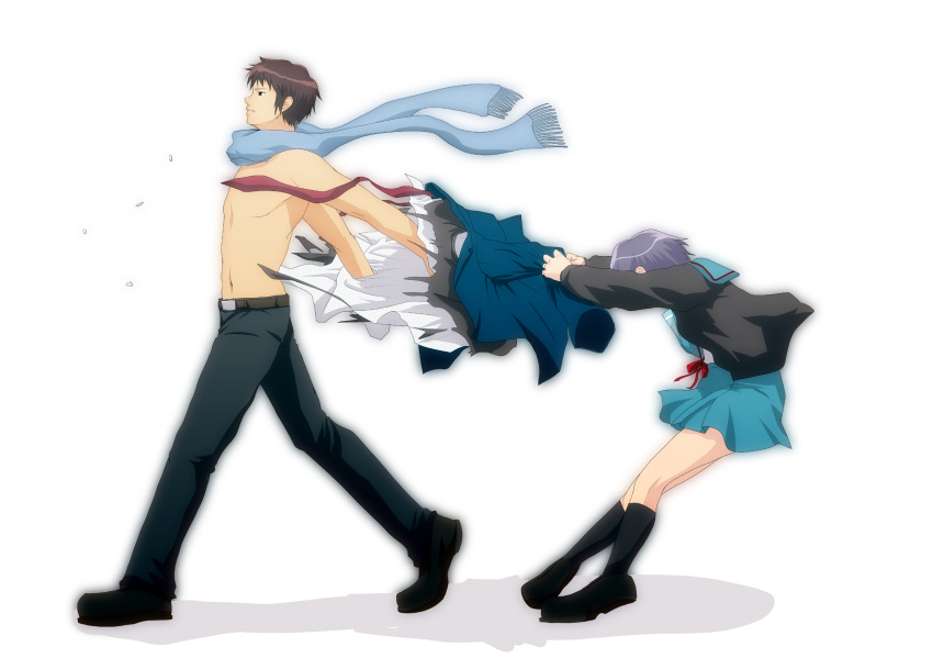 brown_hair, cardigan, highres, kyon, manly, nagato_yuki, okiron, purple_hair