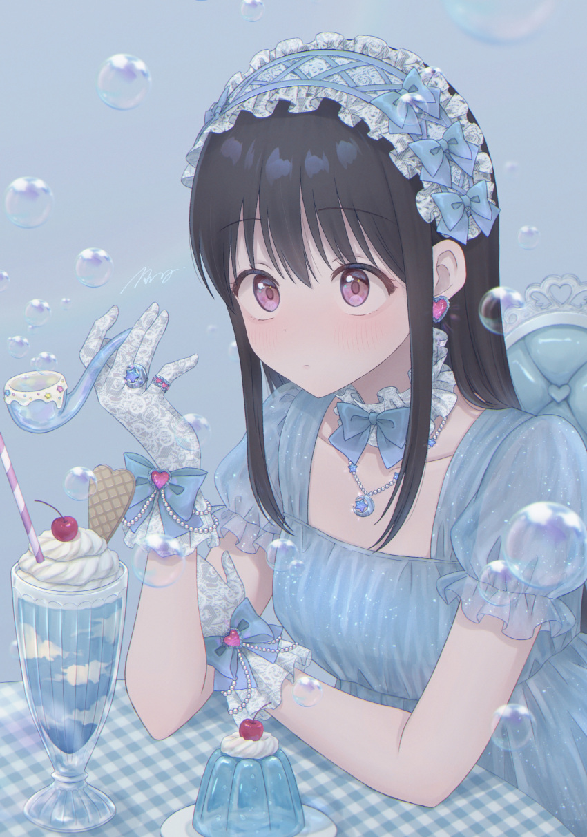 1girl, absurdres, black_hair, blue_bow, blue_dress, blush, bow, bubble