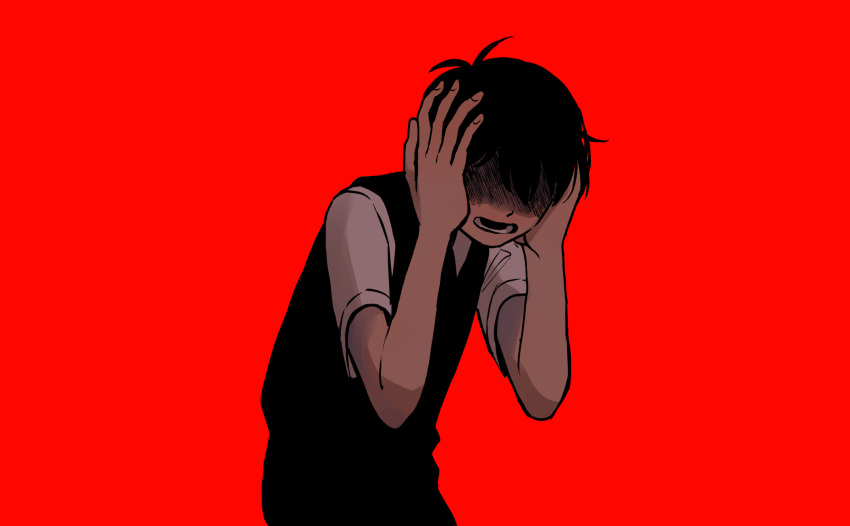 1boy, black_hair, black_sweater_vest, faceless, faceless_male, hands_on_own_head, highres, k_toast
