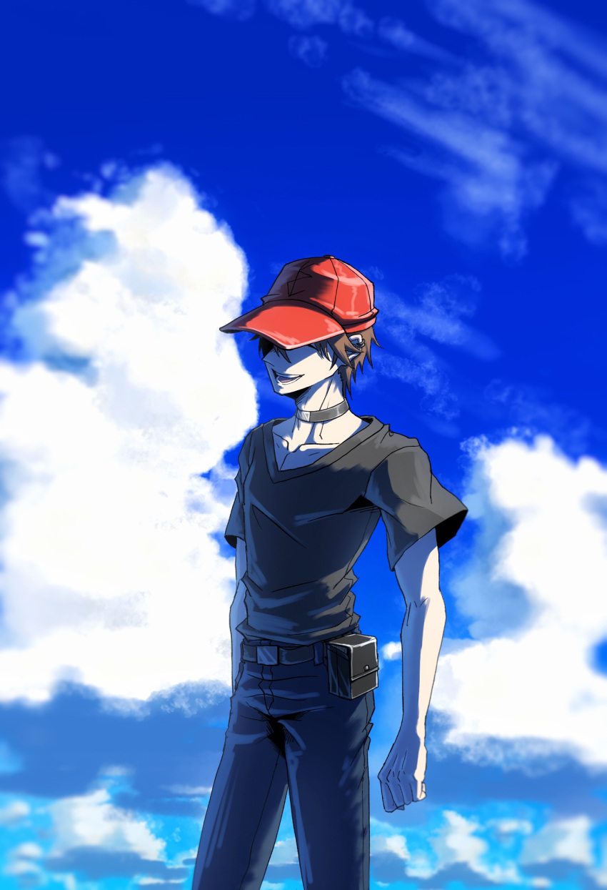 1boy, belt, black_pants, black_shirt, blue_sky, brown_hair, clouds, cloudy_sky