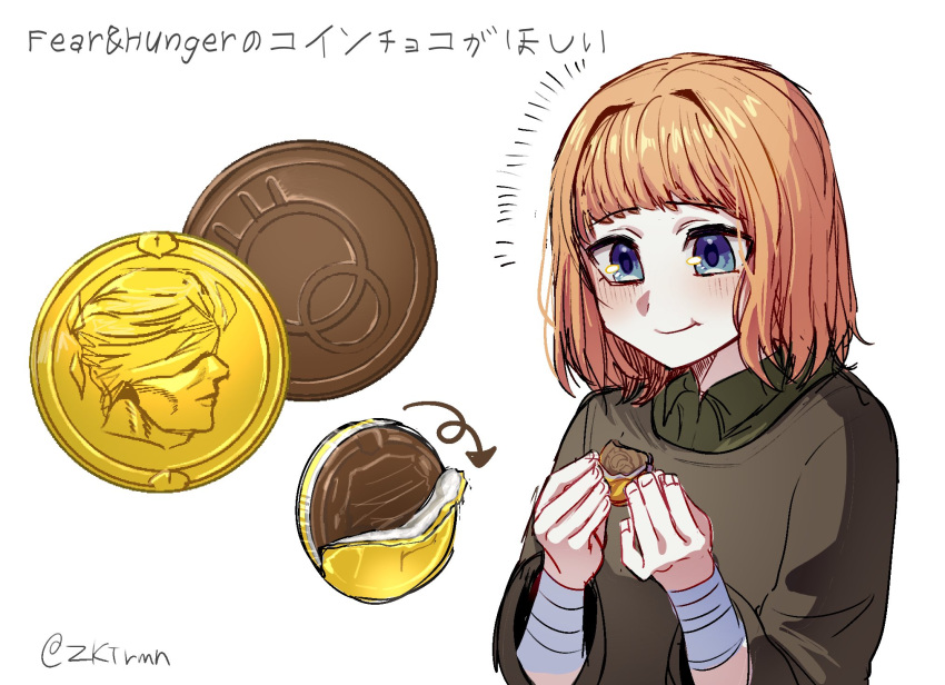 1girl, bandaged_wrist, bandages, blue_eyes, blush, brown_robe, chocolate, chocolate_coin