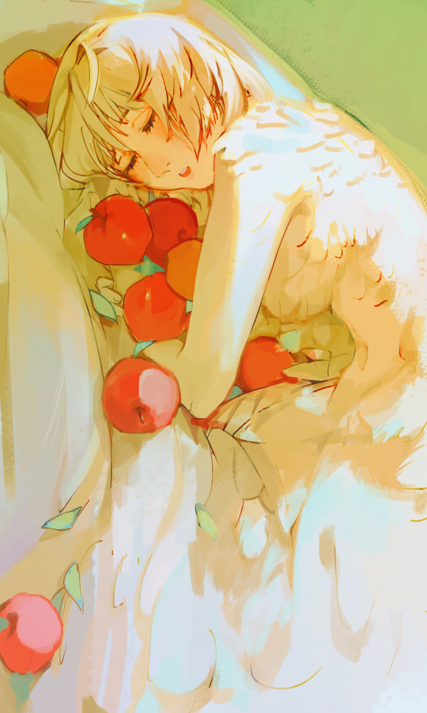 1girl, absurdres, apple, blonde_hair, closed_eyes, dungeon_meshi, falin_touden, falin_touden_(chimera)
