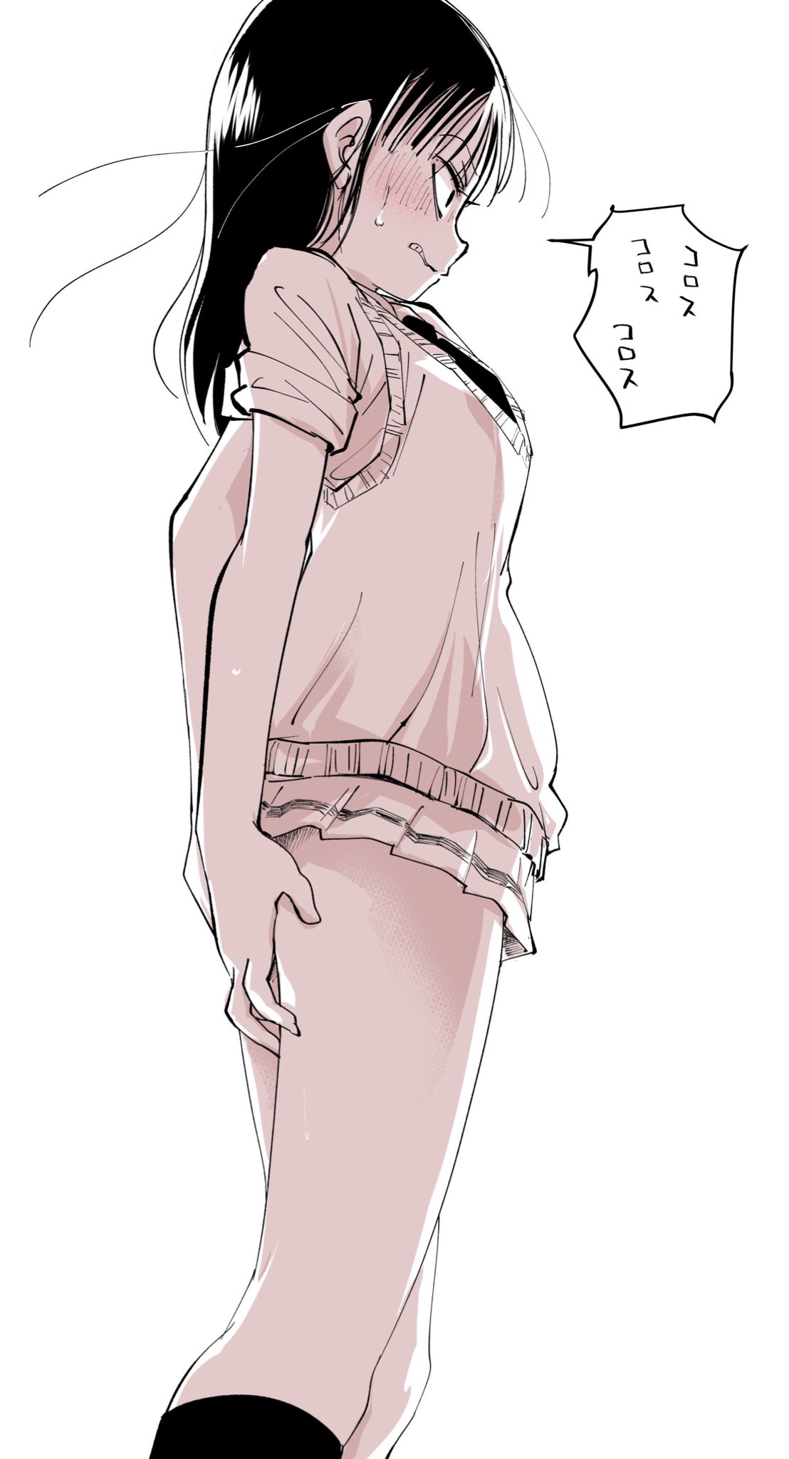1girl, ass, blush, clenched_teeth, from_below, greyscale, highres, leon_kame, long_hair, mima_sachi, monochrome, necktie, no_panties, pleated_skirt, school_uniform, simple_background, skirt, spot_color, sweater_vest, teeth, watashi_ga_motenai_no_wa_dou_kangaetemo_omaera_ga_warui!, white_background
