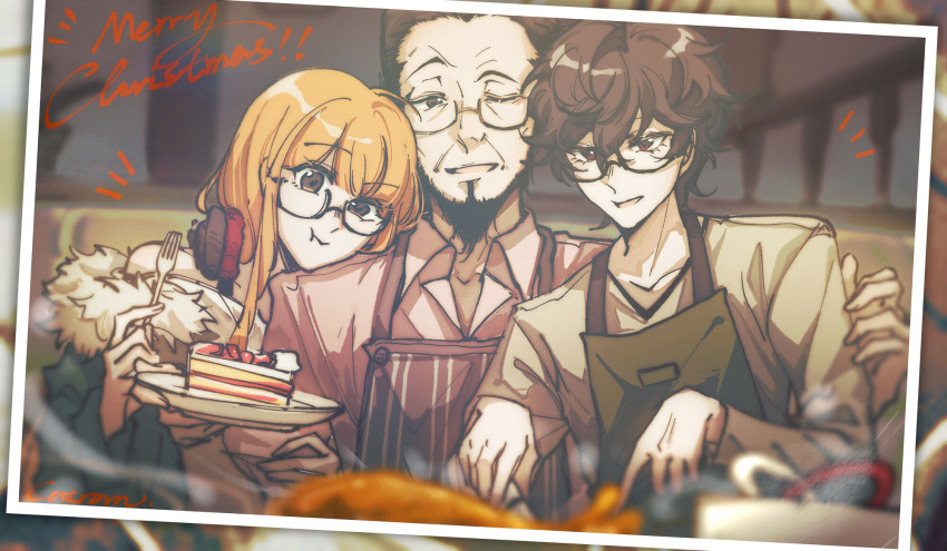 1girl, 2boys, amamiya_ren, apron, black_hair, brown_eyes, brown_hair, cake