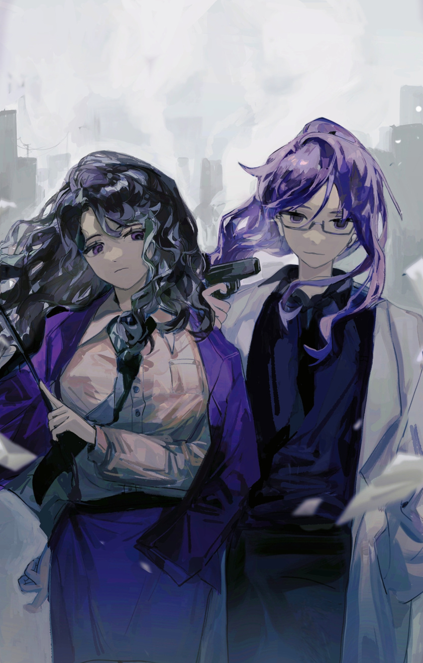 16personalities, 2girls, absurdres, black_necktie, closed_mouth, coat, collared_shirt, couple, curly_hair, glasses, grey_background, gun, hair_between_eyes, hair_down, hand_in_pocket, hand_on_own_hip, hand_up, highres, holding, holding_gun, holding_weapon, jacket, lab_coat, long_sleeves, looking_at_viewer, luobu298, multiple_girls, myers-briggs_type_indicator, necktie, open_clothes, open_coat, open_jacket, outdoors, purple_hair, purple_jacket, purple_shirt, purple_skirt, shirt, skirt, standing, violet_eyes, weapon, white_shirt, yuri