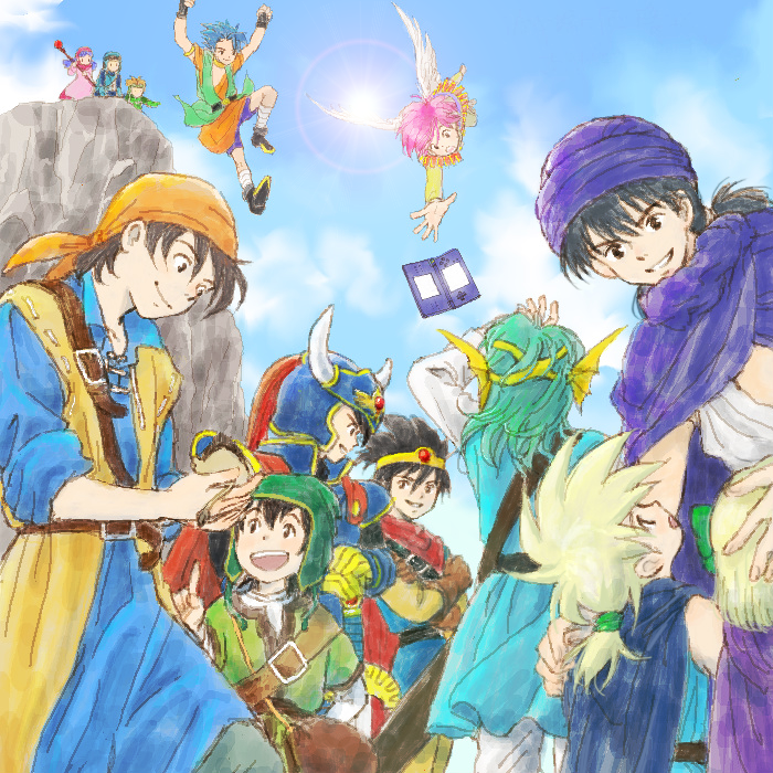 2girls, 6+boys, angel_wings, armor, bandana, cape, cliff, crossover