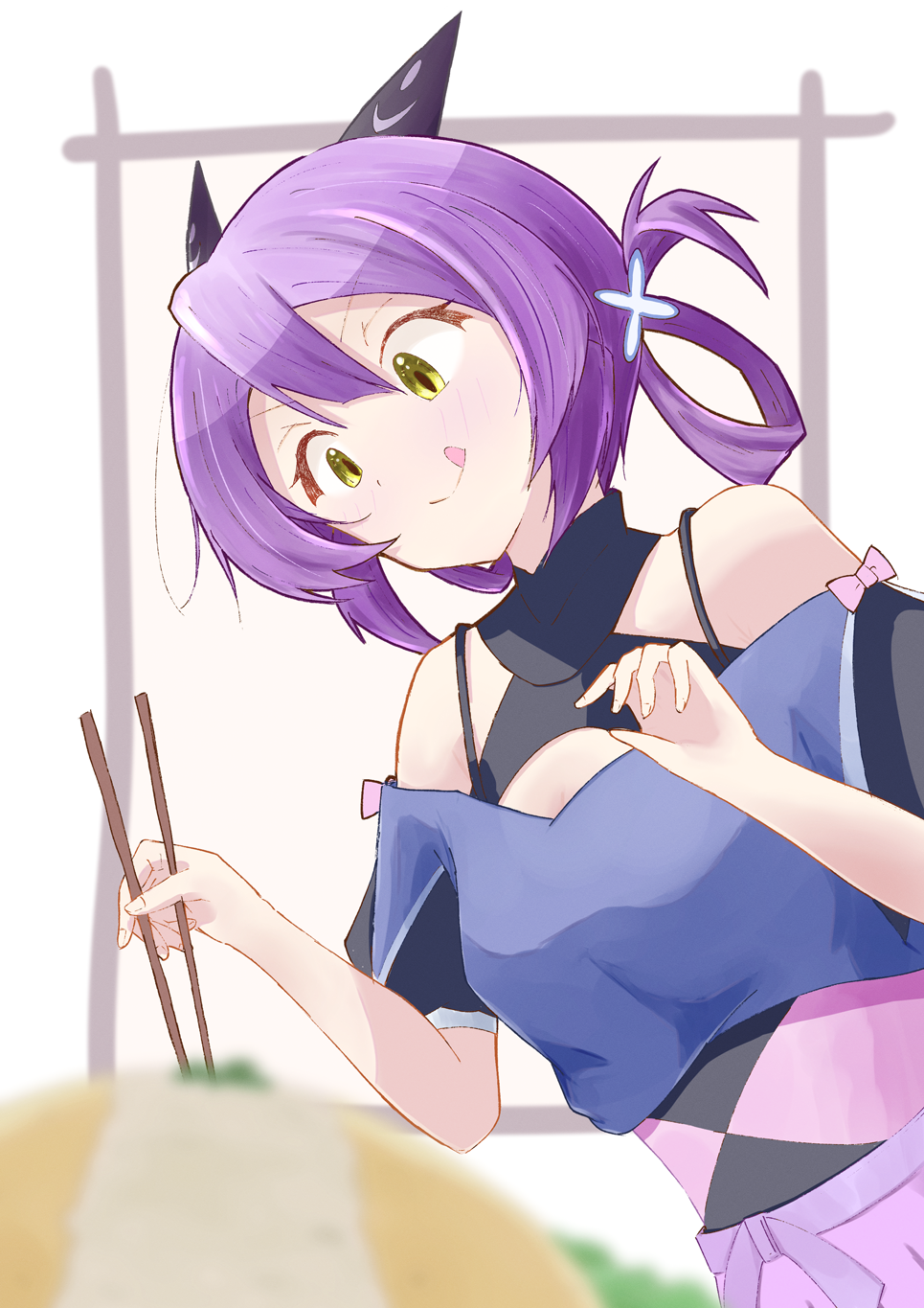 1girl, blue_shirt, blurry, blurry_foreground, blush, breasts, chopsticks, depth_of_field
