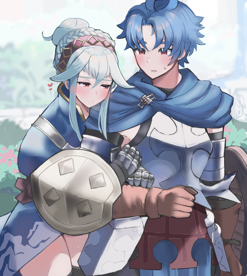 1boy, 1girl, alain_(unicorn_overlord), arm_hug, armor, armored_dress, black_thighhighs, blue_cape