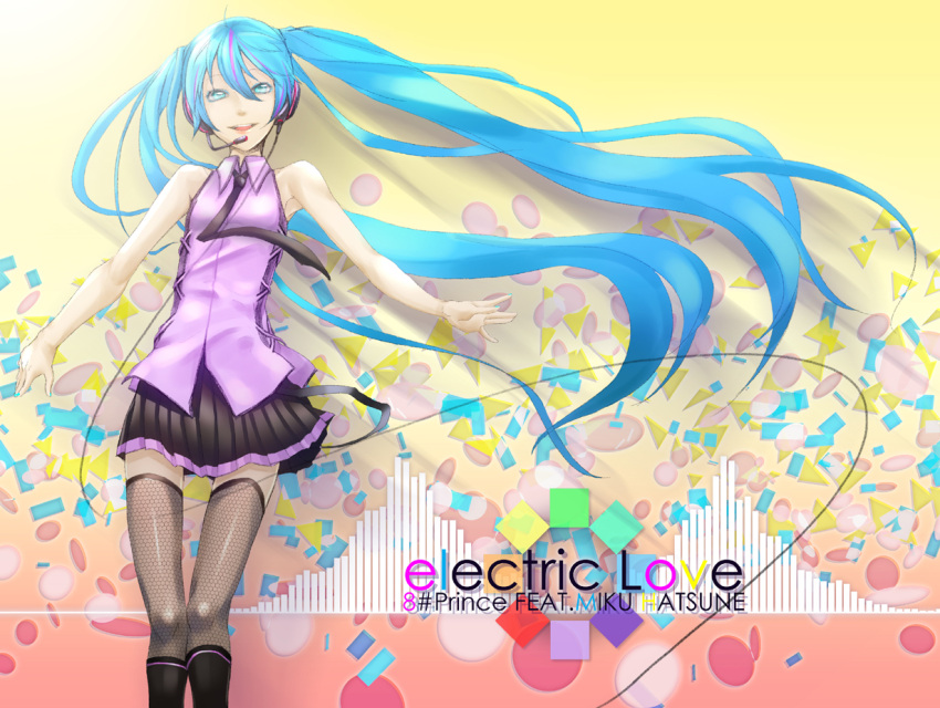 blue_hair, electric_love_(vocaloid), fishnets, hatsune_miku, headset, long_hair, necktie, nitto