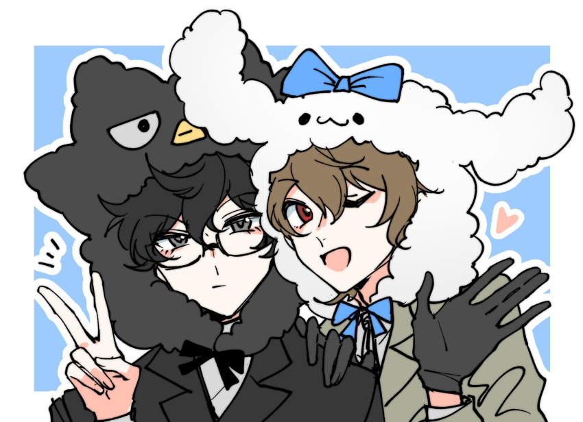 2boys, akechi_gorou, amamiya_ren, badtz-maru, black_bow, black_gloves, black_hair, black_jacket