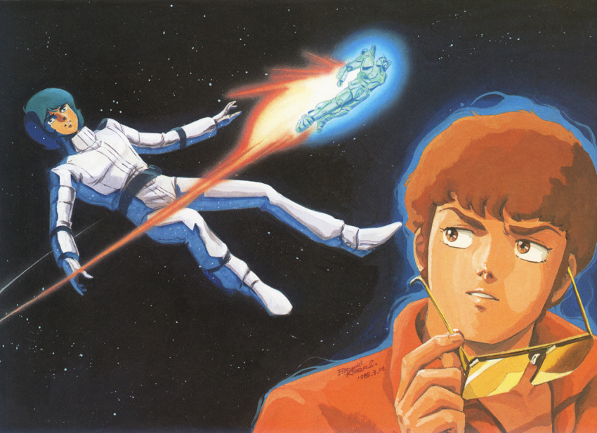 1980s_(style), 1985, 2boys, amuro_ray, blue_hair, boots, brown_eyes, dated