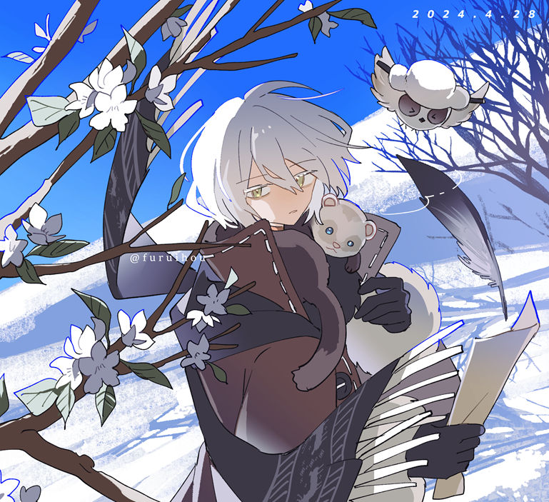 1boy, animal_around_neck, bare_tree, bird, black_gloves, black_scarf, blue_sky, branch