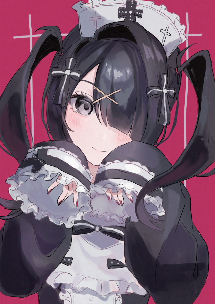 1girl, absurdres, alternate_costume, ame-chan_(needy_girl_overdose), black_dress, black_eyes, black_hair, black_ribbon, blunt_bangs, blush, center_frills, charlotte11037, chouzetsusaikawa_tenshi-chan_(gothic_lolita), closed_mouth, commentary, cross, dress, english_commentary, frilled_hat, frilled_sleeves, frills, gothic_lolita, hair_intakes, hair_over_one_eye, hair_ribbon, hands_up, hat, highres, lolita_fashion, long_hair, long_sleeves, nail_polish, needy_girl_overdose, nurse_cap, red_background, red_nails, ribbon, simple_background, sleeves_past_wrists, smile, solo, twintails, upper_body, white_hat, wide_sleeves