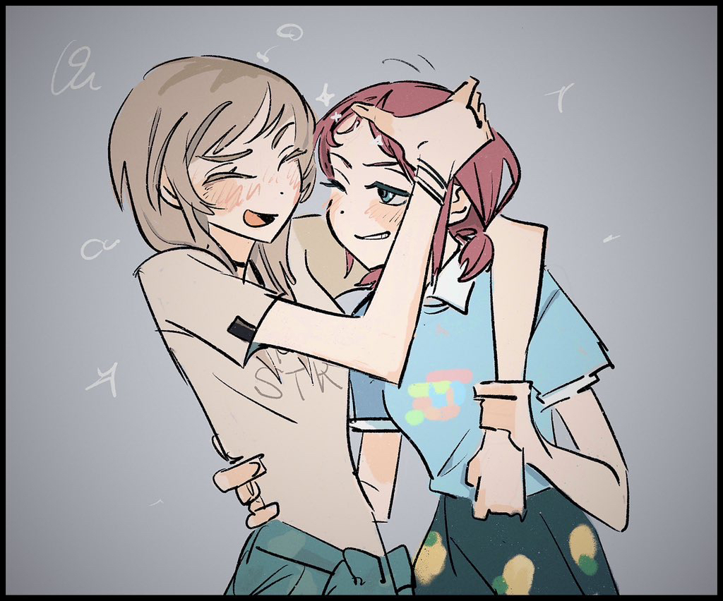 2girls, blue_eyes, blue_shirt, blush, bracelet, brown_hair, closed_eyes, collared_shirt