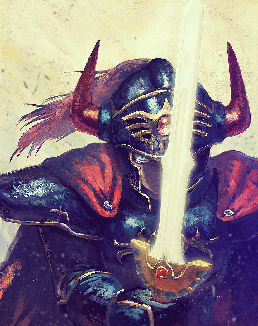 1boy, armor, blue_eyes, blue_helmet, cape, dragon_quest, dragon_quest_i, erdrick's_sword
