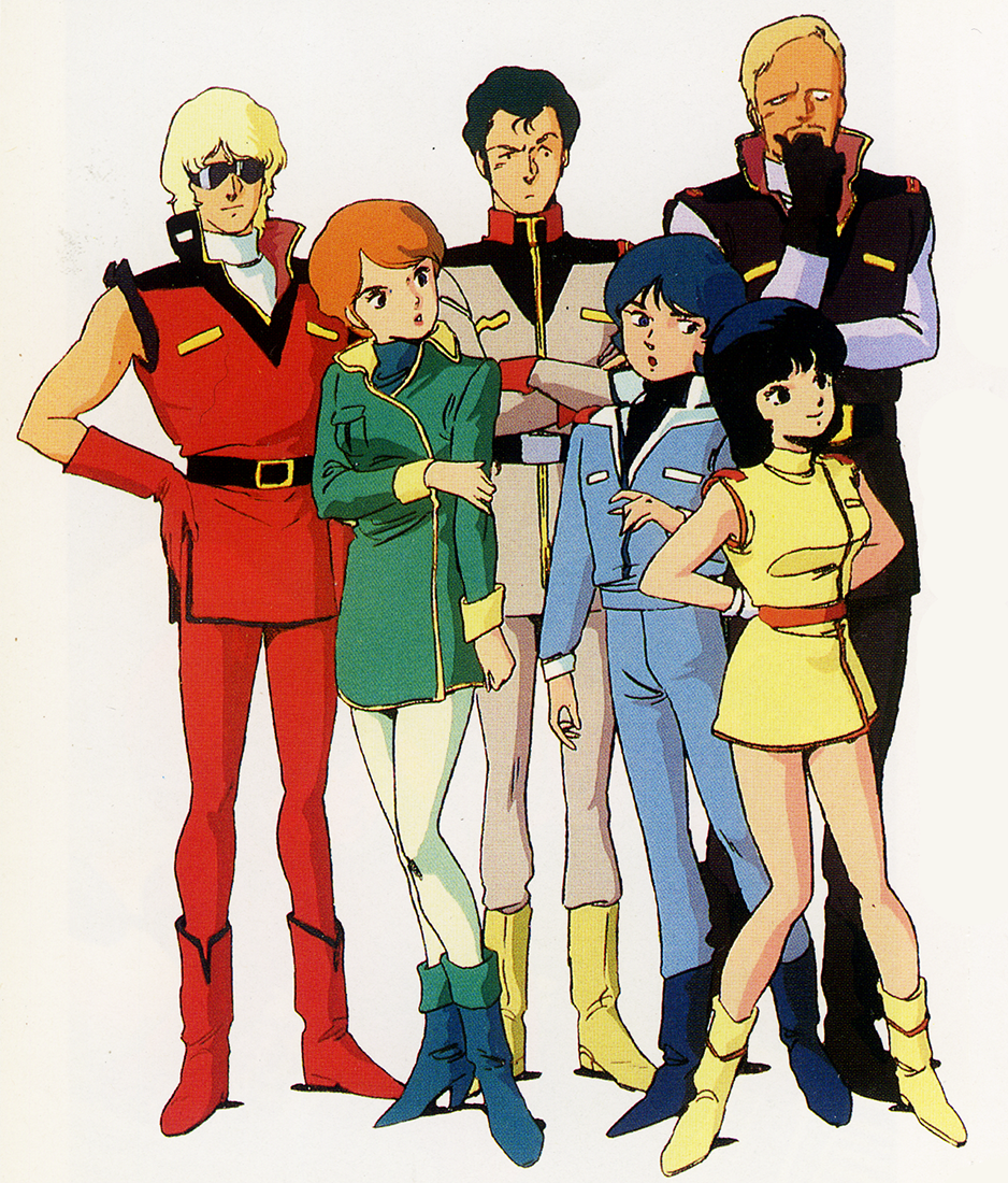 1980s_(style), 2girls, 4boys, belt, boots, bright_noa, fa_yuiry, gundam