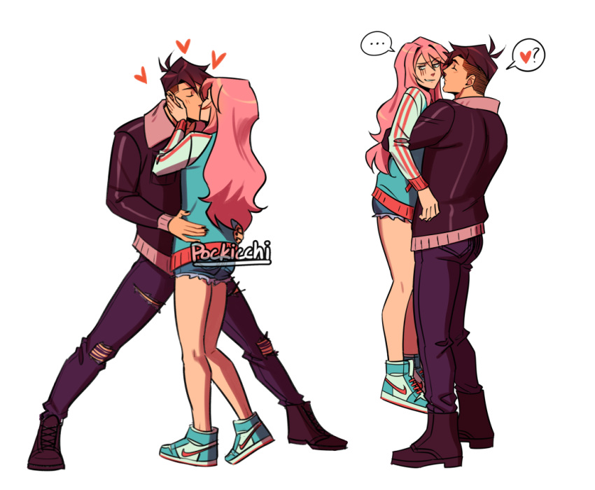 ..., 1boy, 1girl, black_jacket, blue_shorts, brown_hair, carrying, closed_eyes