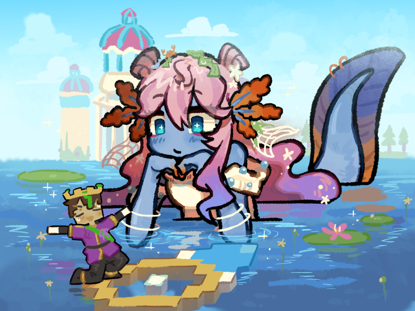 1boy, 1girl, aqua_eyes, axolotl_girl, blue_skin, castle, chinese_commentary, colored_skin