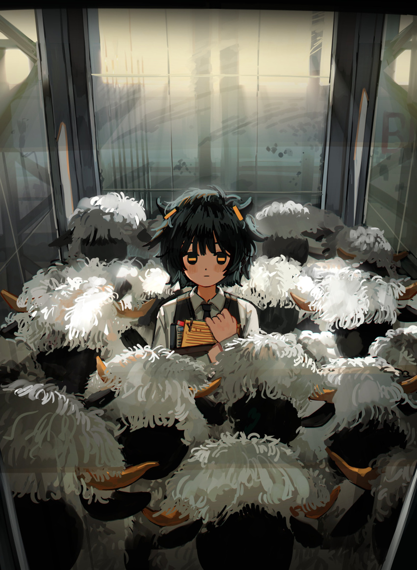 1other, absurdres, androgynous, animal_ears, black_hair, black_necktie, black_sclera, closed_mouth