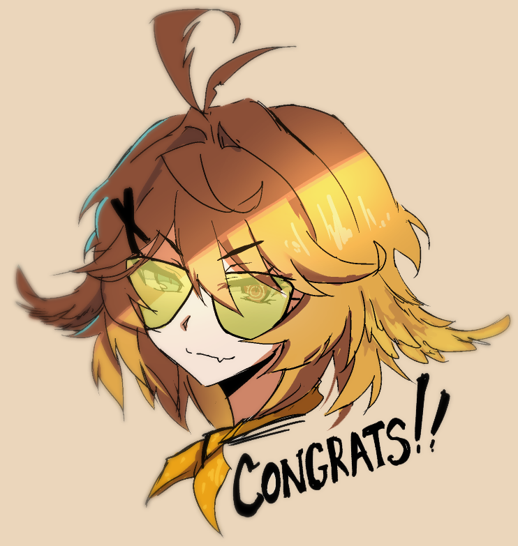 1girl, ahoge, ascot, aviator_sunglasses, blonde_hair, blue_eyes, closed_mouth, congratulations