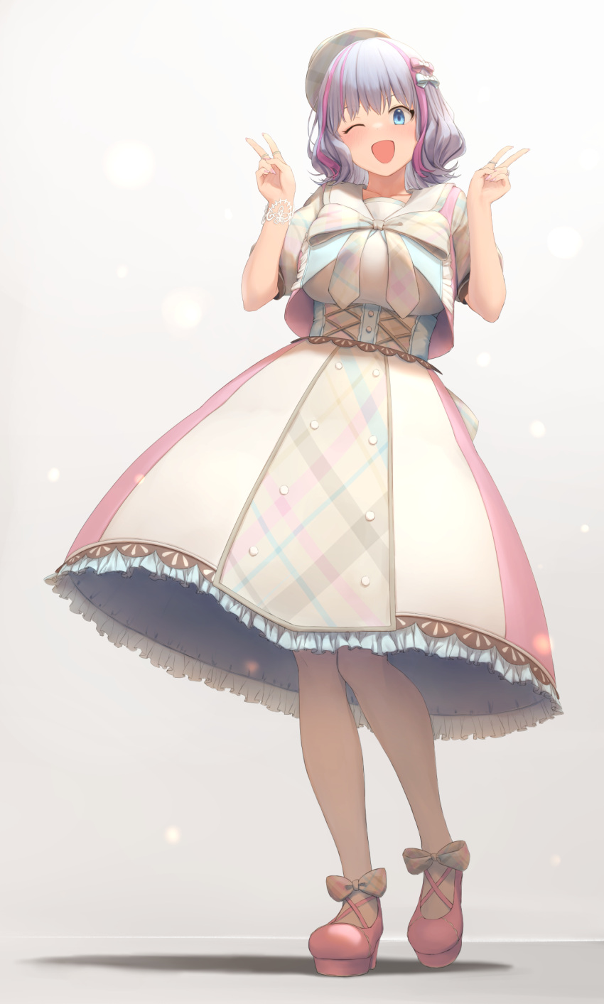 1girl, blush, bow, breasts, dolphin_wave, double_v, dress, enoshito