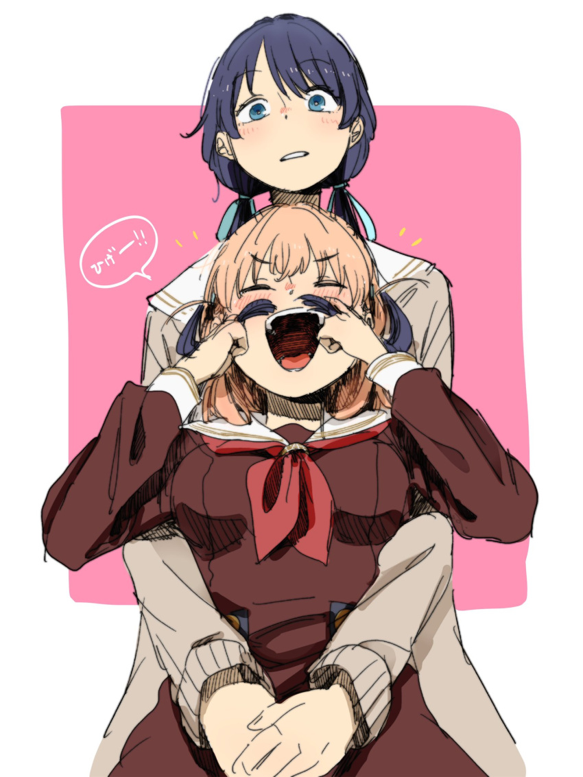2girls, 524ryo, ^_^, arms_around_waist, blue_eyes, blue_hair, blue_ribbon, blush