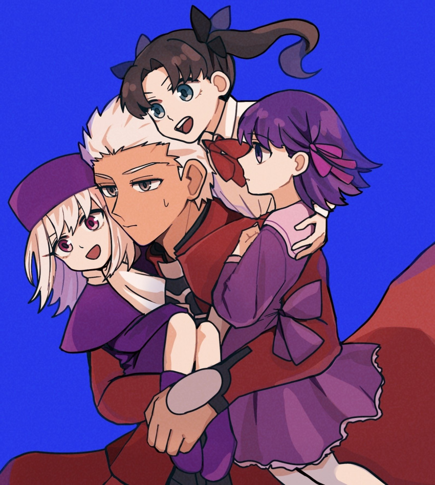 1boy, 3girls, aged_down, archer_(fate), black_bow, black_hair, blue_background, blue_eyes