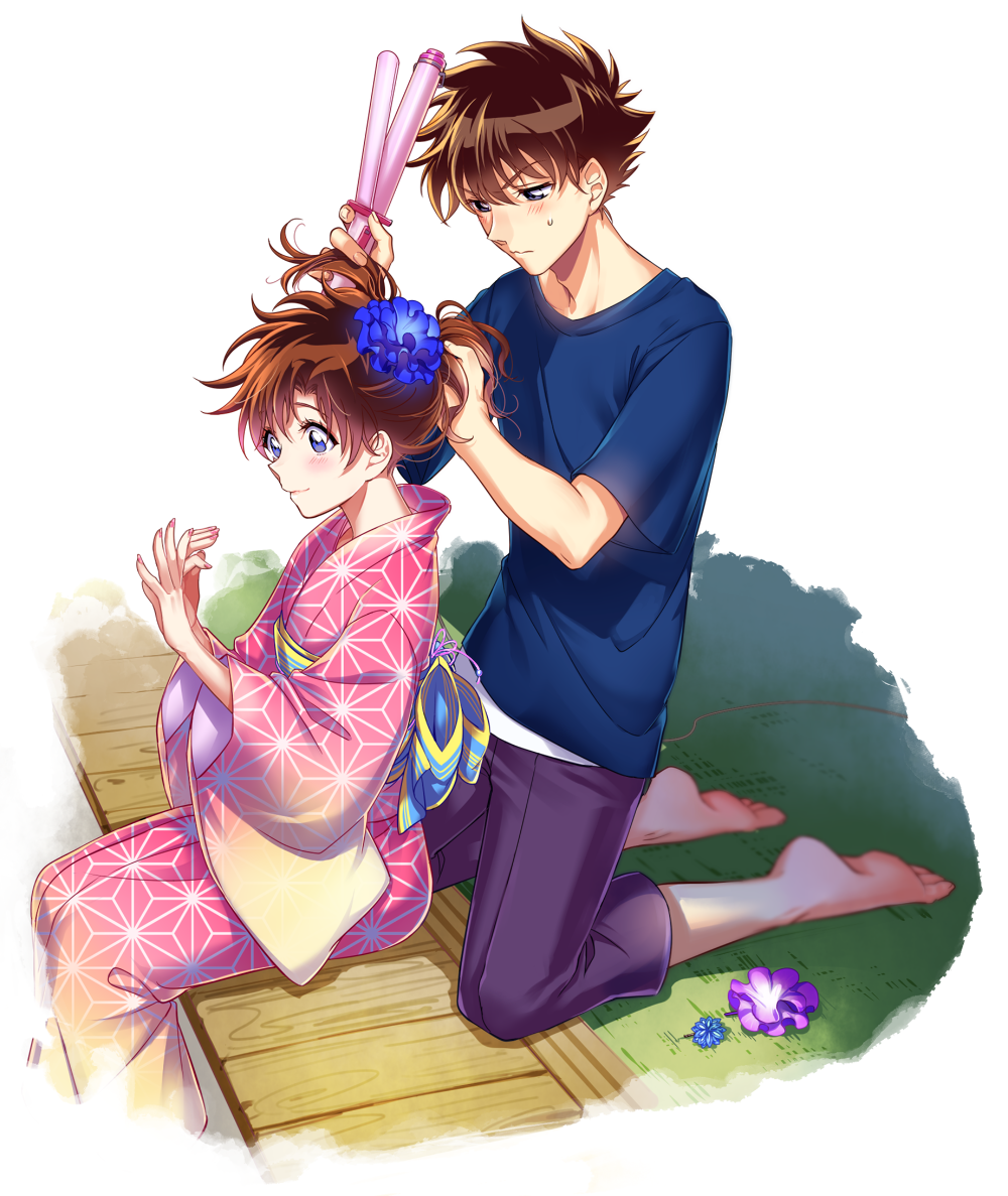 1boy, 1girl, barefoot, blue_eyes, blue_shirt, blush, brown_hair, capri_pants