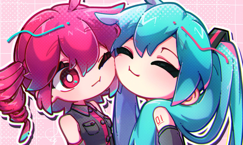 064mn, 2girls, :t, ^_^, artist_name, bare_shoulders, black_shirt, blue_hair