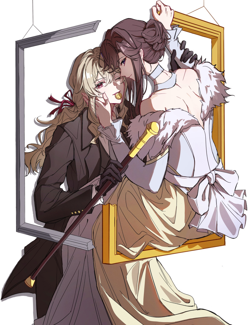 2girls, absurdres, backless_dress, backless_outfit, black_coat, black_gloves, blonde_hair, broken_picture_frame