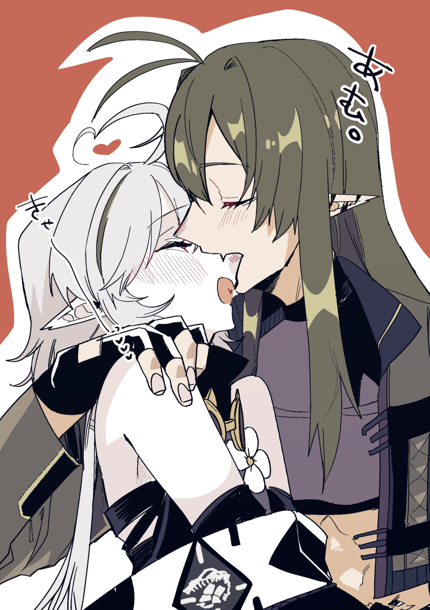 2girls, abs, absurdres, ahoge, arknights, ban_syou, bare_shoulders, biting