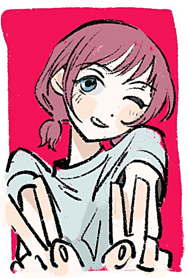 1girl, blue_eyes, blush, border, brown_hair, commentary, double_v, girls_band_cry