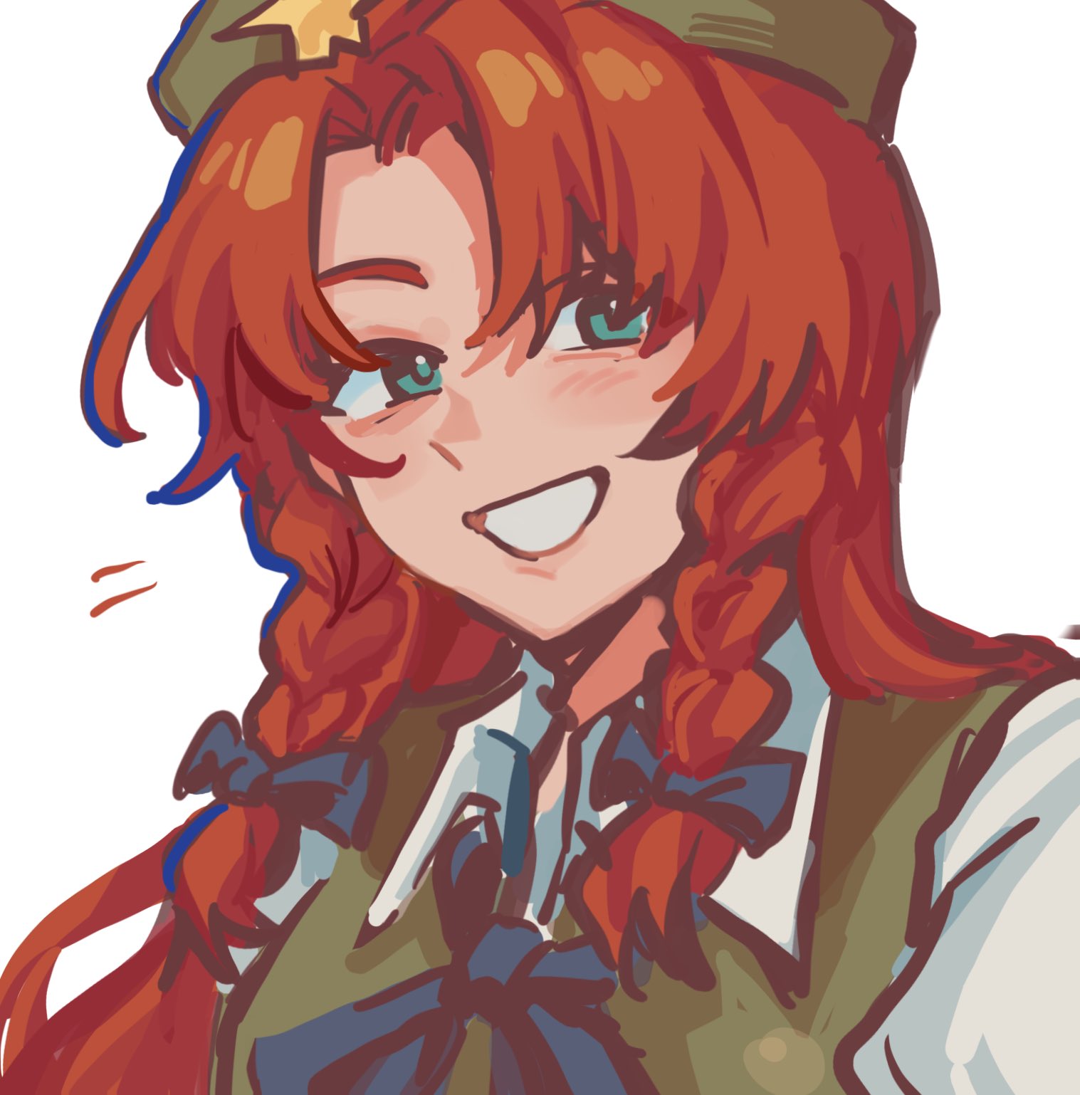 1girl, aqua_eyes, black_bow, black_ribbon, bow, braid, collared_shirt, green_hat, grin, hair_bow, hat, hat_ornament, highres, hong_meiling, long_hair, looking_at_viewer, neck_ribbon, neihve, notice_lines, parted_bangs, puffy_sleeves, redhead, ribbon, shirt, side_braid, simple_background, smile, solo, star_(symbol), star_hat_ornament, touhou, twin_braids, upper_body, white_background, white_shirt, wing_collar