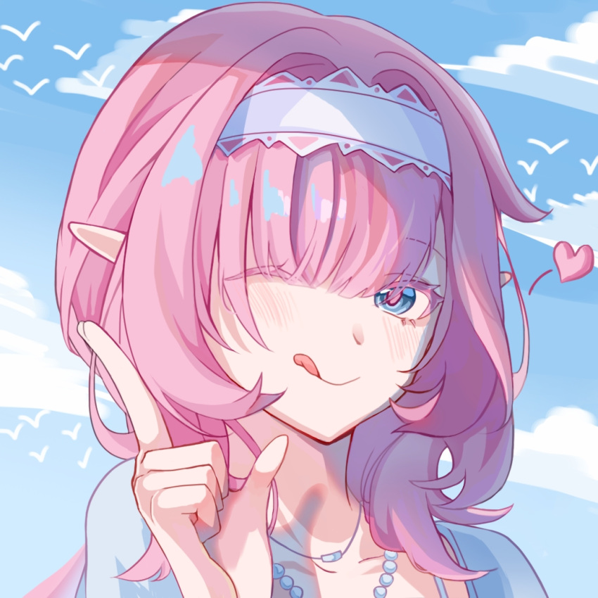 1girl, bird, blue_eyes, blue_sky, clouds, cloudy_sky, collarbone, elf, elysia_(honkai_impact), elysia_(miss_pink_elf)_(honkai_impact), elysia_(summer_miss_elf)_(honkai_impact), hair_between_eyes, headband, heart, honkai_(series), honkai_impact_3rd, jewelry, long_hair, looking_at_viewer, nanami_manyo_mio, necklace, one_eye_closed, pearl_necklace, pink_hair, pointing, pointing_up, pointy_ears, portrait, sky, solo, tongue, tongue_out, too_many, too_many_birds, white_headband