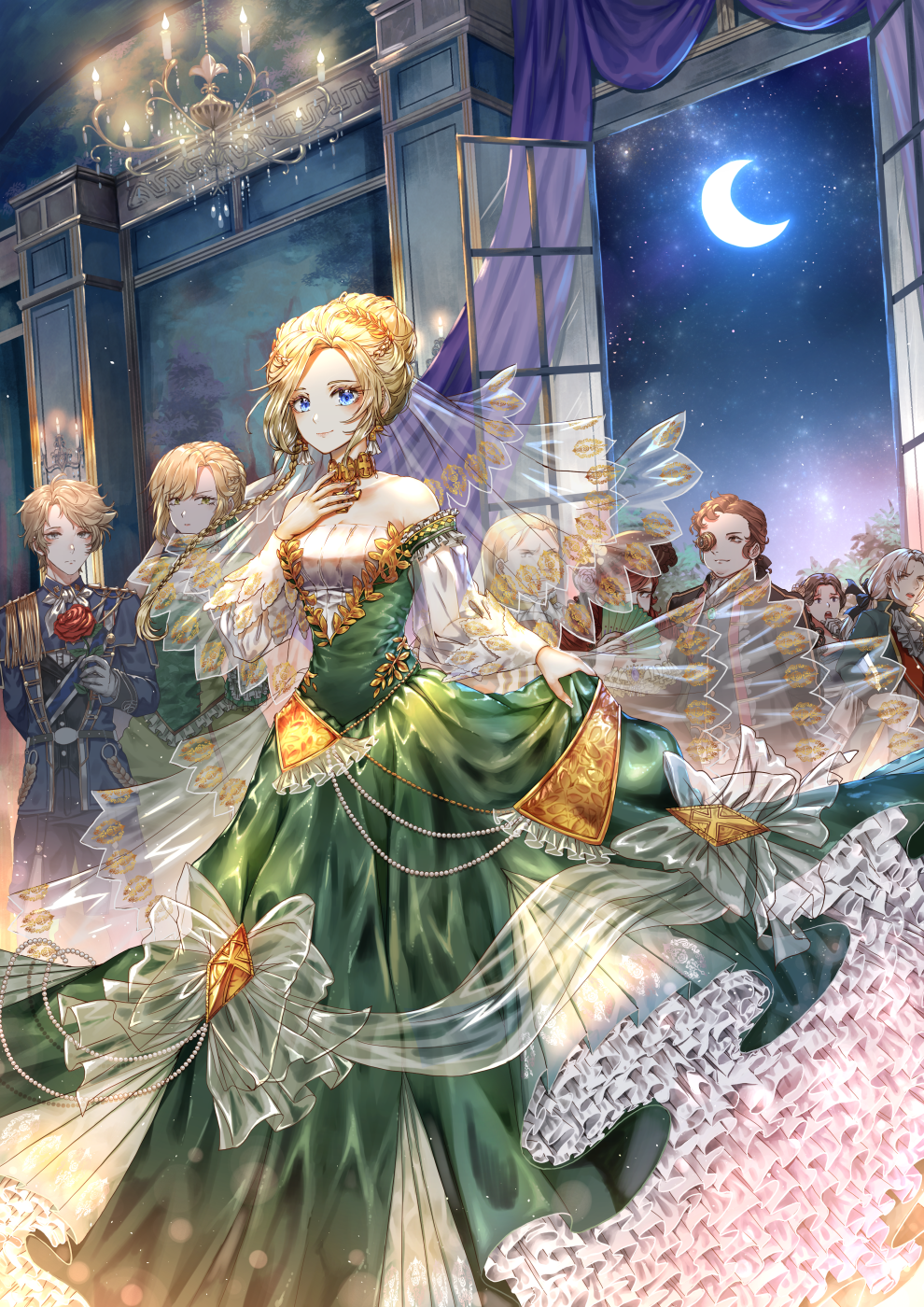 1boy, 2girls, :t, alan_(helix_waltz), arm_behind_back, ballroom, black_vest, blonde_hair, blue_eyes, blue_jacket, blue_shorts, bow, bowtie, braid, brown_hair, candle, chandelier, closed_mouth, crescent_moon, curtains, dangle_earrings, dress, dress_bow, earrings, epaulettes, feet_out_of_frame, flower, frilled_dress, frills, gold_collar, gown, green_dress, green_eyes, grey_eyes, hair_bun, hair_ornament, half_up_braid, hand_on_own_chest, helix_waltz, highres, holding, holding_flower, indoors, jacket, jealous, jewelry, leaf_hair_ornament, long_sleeves, looking_at_another, looking_at_viewer, lynna_jorcastle, magda_ellenstein, moon, multiple_girls, muntins, night, off-shoulder_dress, off_shoulder, open_window, party, people, red_flower, red_rose, rose, see-through, see-through_bow, see-through_sleeves, shirt, short_hair, shorts, side_braid, sideways_glance, single_epaulette, single_hair_bun, skirt_hold, sky, smile, standing, star_(sky), starry_sky, swept_bangs, vest, wani_(fadgrith), white_bow, white_bowtie, white_shirt, white_veil, window