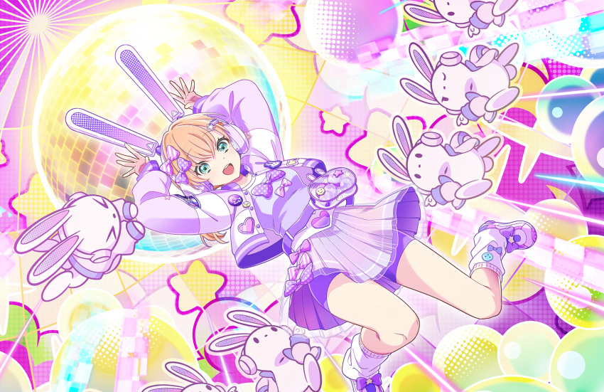 1girl, :d, animal_ear_headphones, animal_ears, aqua_eyes, arms_up, bike_shorts_under_skirt, bow, breasts, cropped_jacket, crossed_bangs, diagonal-striped_bow, disco_ball, fake_animal_ears, footwear_bow, full_body, game_cg, hair_bow, halftone, halftone_background, headphones, highres, hinoshita_kaho, jacket, link!_like!_love_live!, looking_at_viewer, loose_socks, love_live!, medium_breasts, miniskirt, official_art, open_clothes, open_jacket, open_mouth, orange_hair, pink_bow, pink_footwear, pleated_skirt, polka_dot, polka_dot_bow, purple_bow, purple_jacket, purple_shirt, purple_shorts, purple_skirt, rabbit_ear_headphones, rabbit_pose, shirt, shirt_bow, shoes, shorts, skirt, smile, socks, solo, teeth, third-party_source, uchuu_keisatsu_usapyon_(love_live!), upper_teeth_only, virtual_youtuber, white_socks