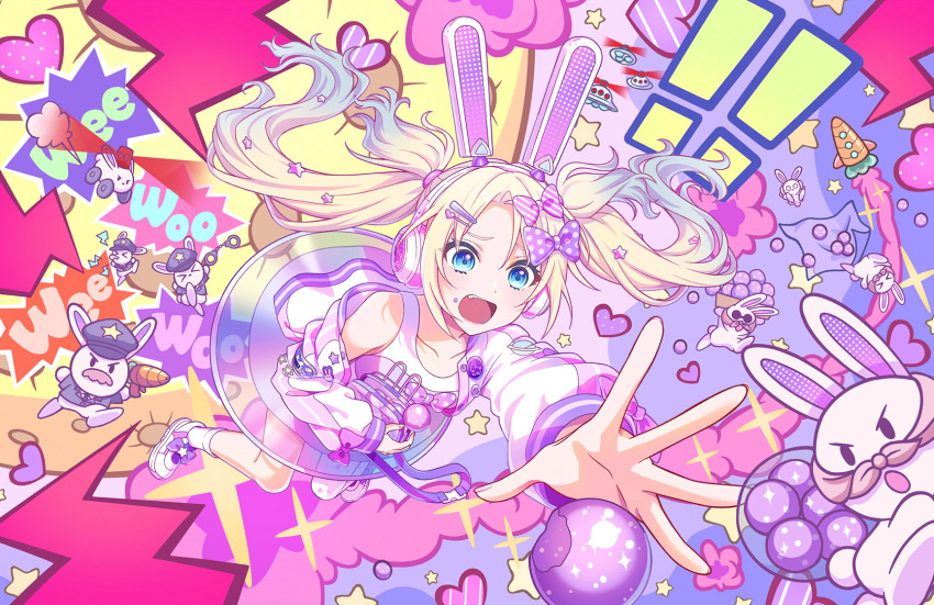 !, !!, >_<, 1girl, abstract_background, animal_ear_headphones, animal_ears, bag