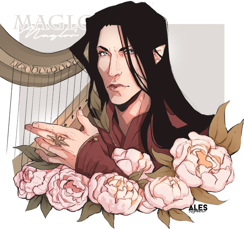 1boy, ales, black_hair, border, character_name, closed_mouth, elf, flower