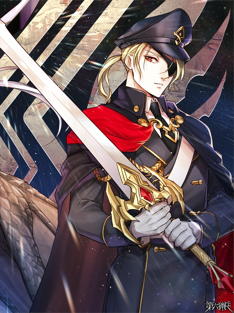 1boy, aiguillette, belt, black_cape, black_hat, black_jacket, black_necktie, blonde_hair