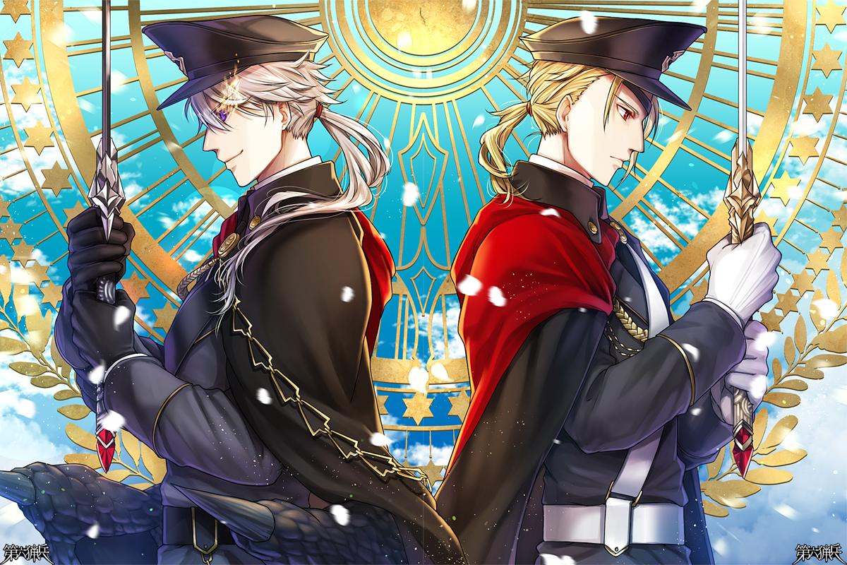 2boys, aiguillette, back-to-back, belt, black_cape, black_gloves, black_hat, black_jacket
