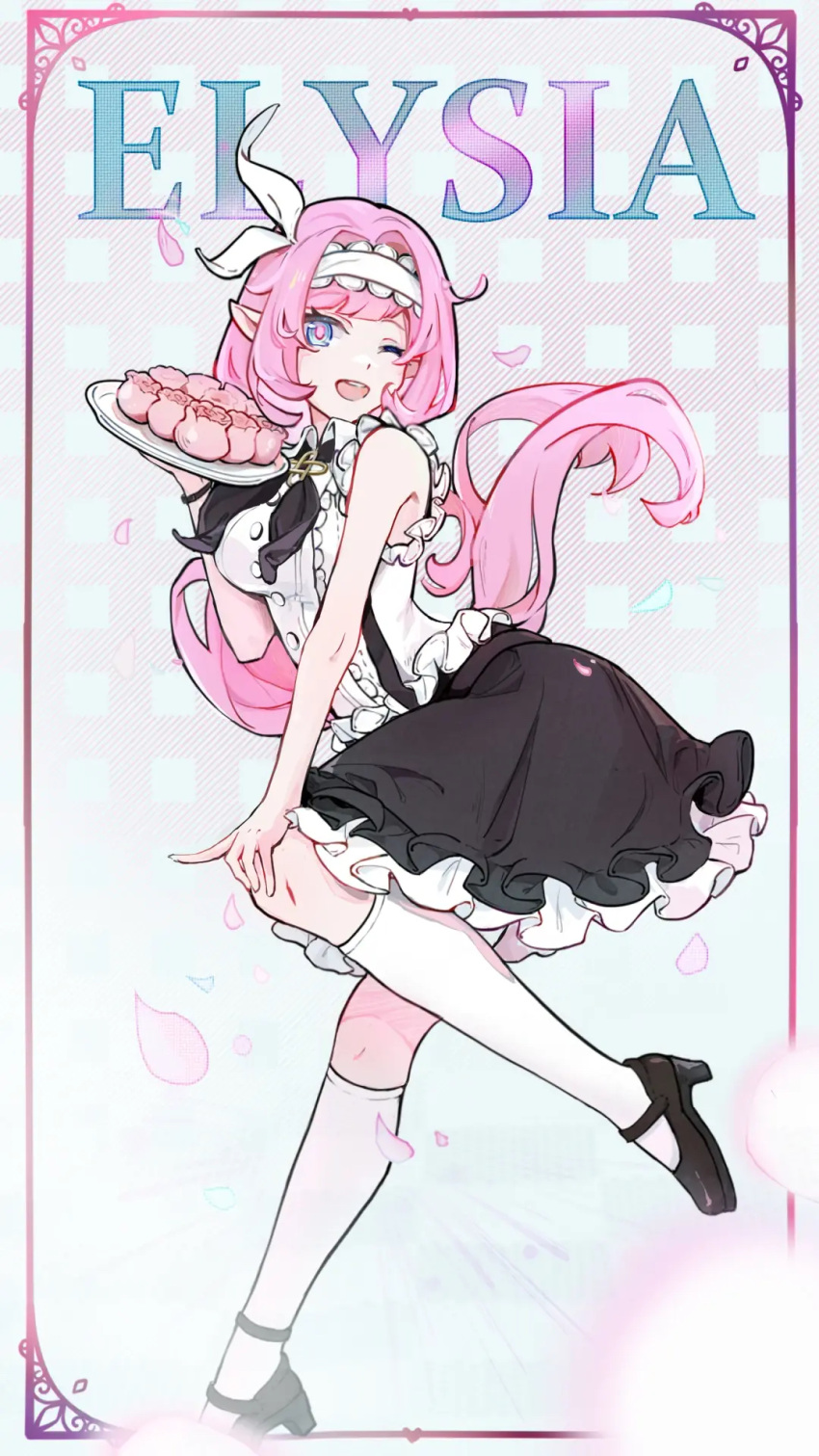 1girl, black_footwear, black_skirt, blue_eyes, border, breasts, character_name, dumpling