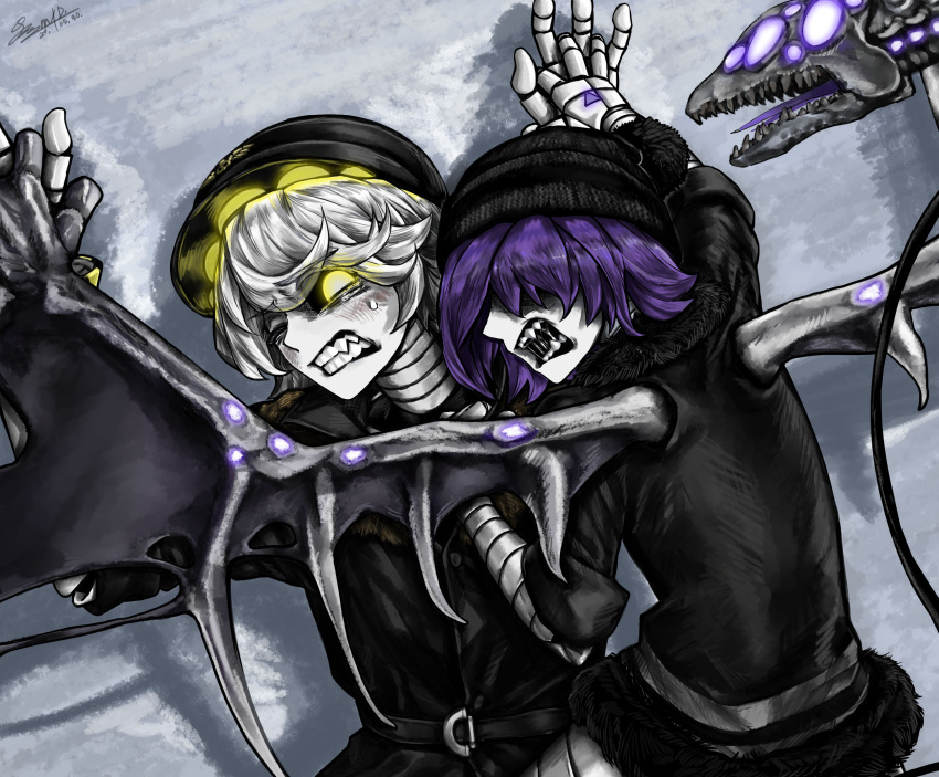 1boy, 1girl, black_hat, black_jacket, face_filter, grey_hair, hat, highres, humanoid_robot, jacket, m4sked, machine, mechanical_arms, mechanical_wings, murder_drones, n_(murder_drones), purple_hair, robot, screen, short_hair, tail, uzi_(murder_drones), violet_eyes, white_hair, wings, yellow_eyes